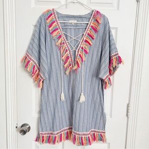 VELZERA | Swimsuit Cover Tunic  Blue White Stripes Cotton Neon Tassels